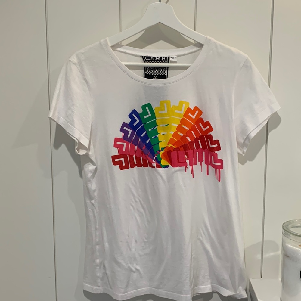 L.A.M.B white tshirt with rainbow design